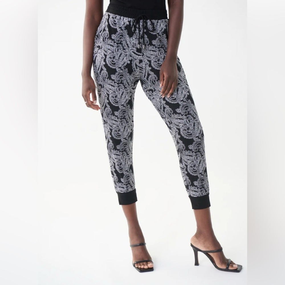 Joseph Ribkoff Paisley Print Black Vanilla Elastic Waist Drawstring Pant Size 2